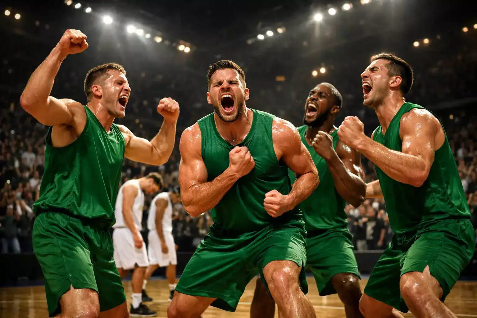 Basketballspieler feiert emotional nach einem erfolgreichen Lauf mit Teamkollegen