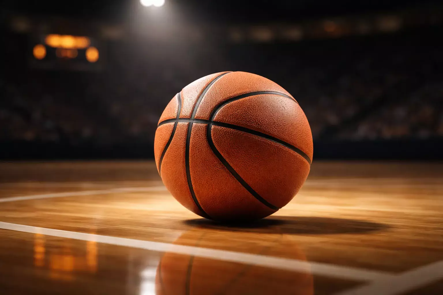 Nahaufnahme eines Basketballs auf dem Hallenparkett mit unscharfer Anzeigetafel im Hintergrund
