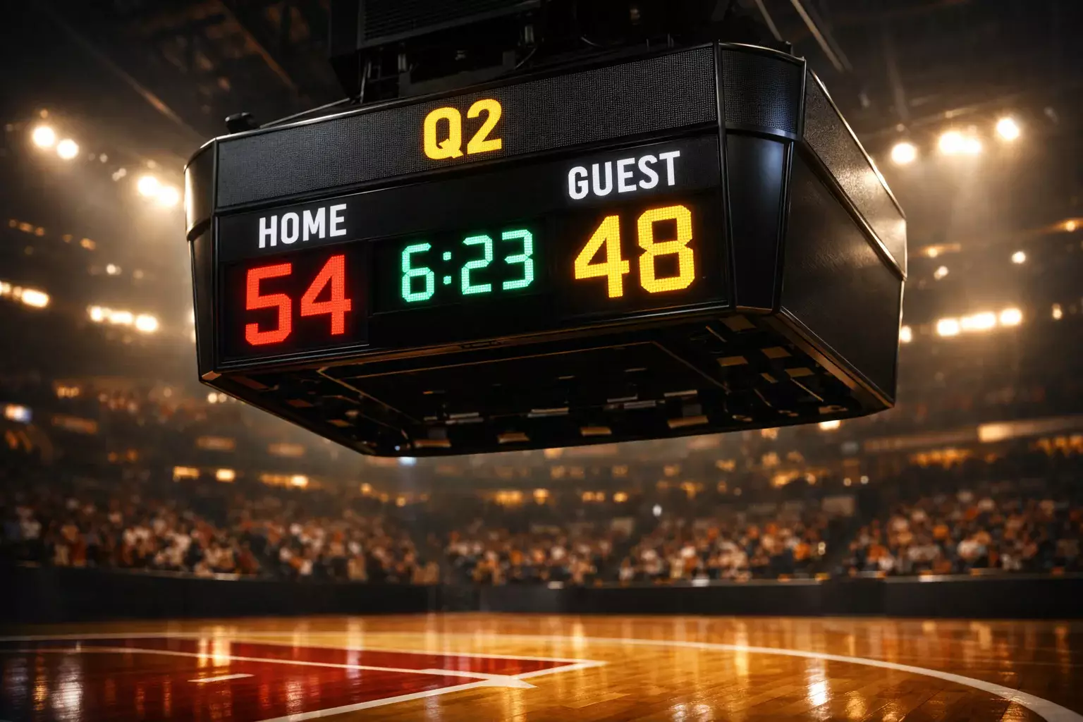 Nahaufnahme einer Basketball-Anzeigetafel mit Viertelstand in einer beleuchteten Arena