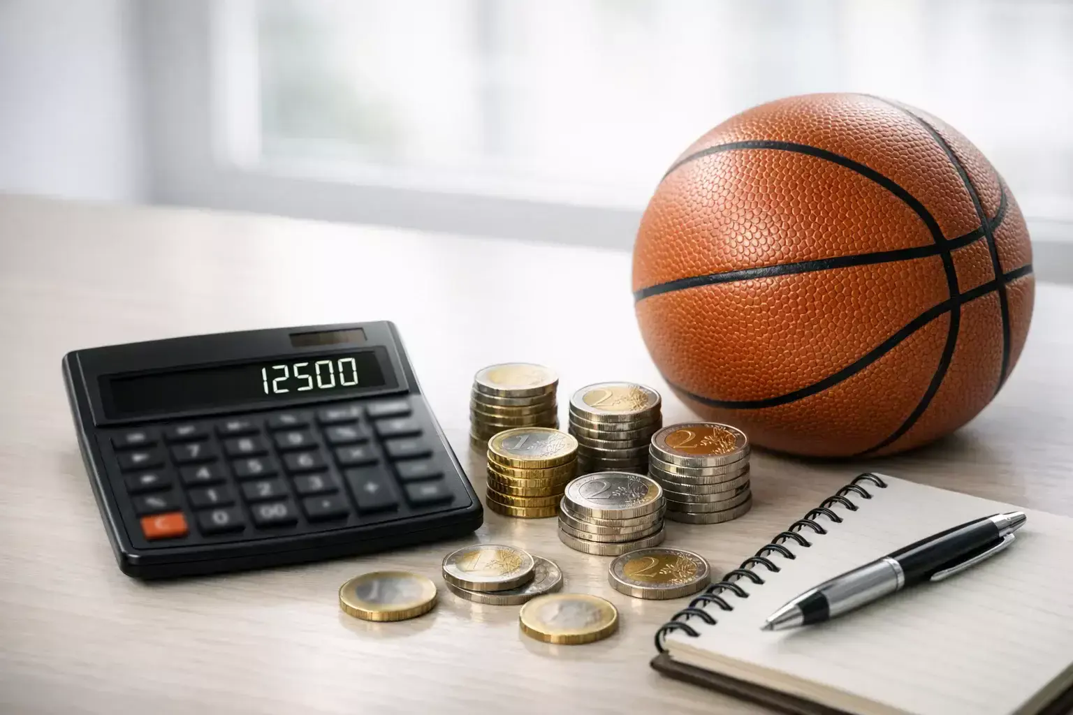 Taschenrechner neben einem Basketball und Euro-Münzen auf einem Schreibtisch