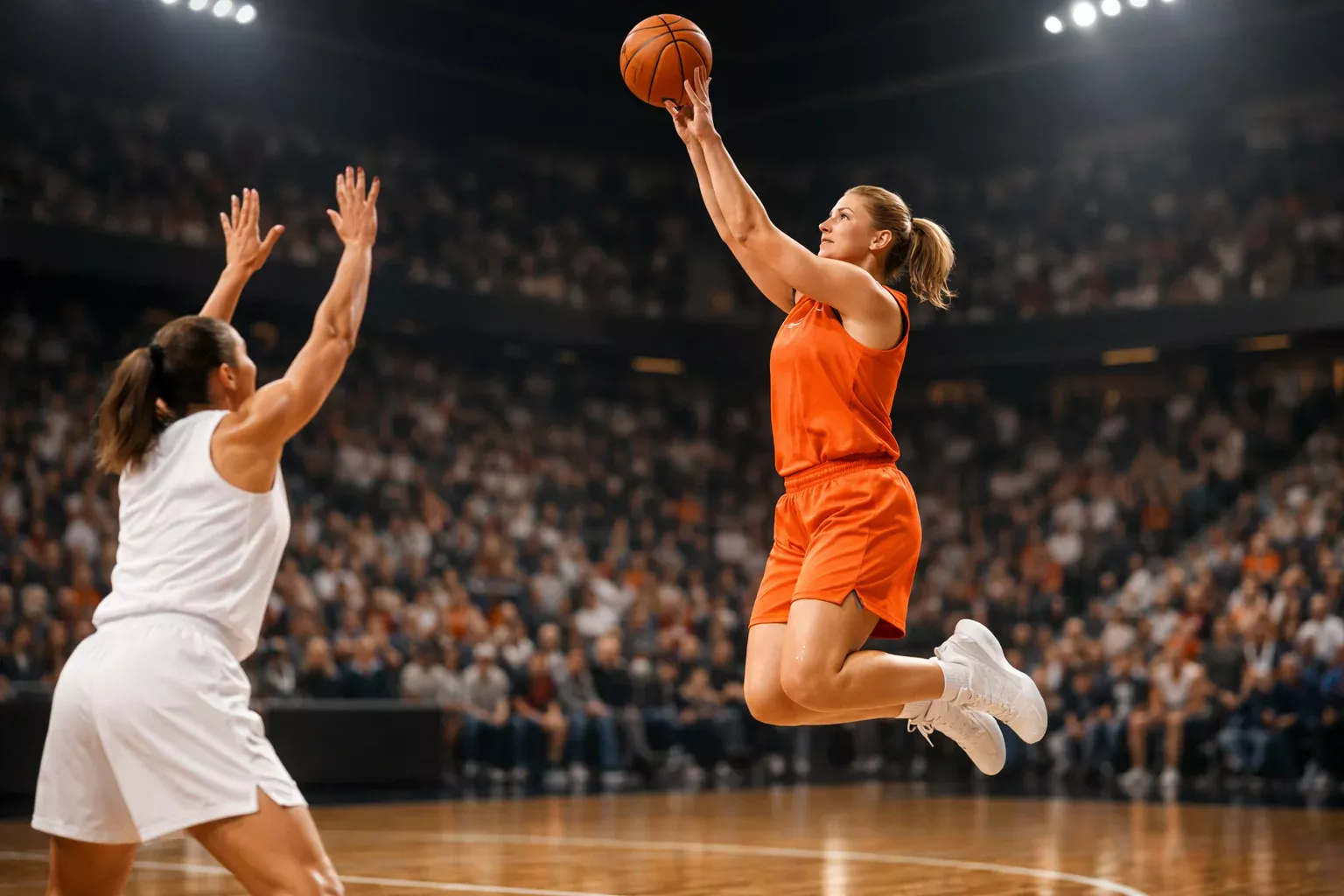 Basketballspielerin beim Sprungwurf in einer hell beleuchteten WNBA-Arena